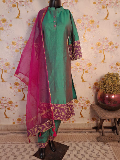 Turquoise color designer silk suit with lavender embroidery