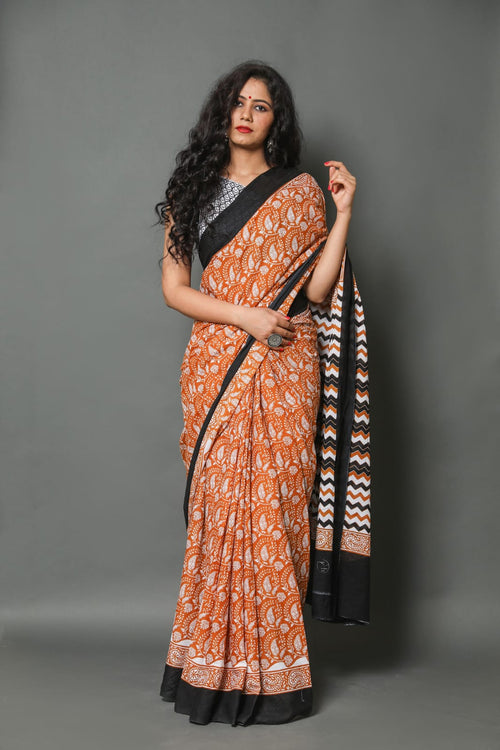 Rust With Black Color Cotton Saree