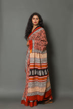 Red Color Mulmul Hand Block Print Cotton saree