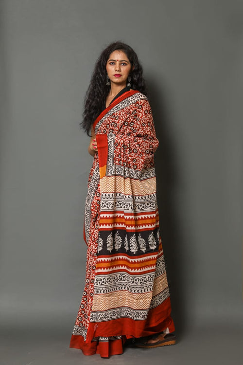 Red Color Mulmul Hand Block Print Cotton saree