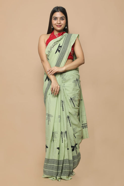 Pastel Olive Color Mulmul Cotton Saree