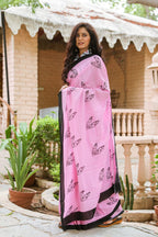 Pink Color Mulmul Cotton Hand Block Print Saree