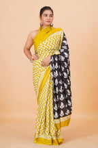 Mustard Color Geometric print Mulmul Cotton saree