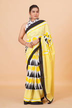 Lemon yellow with black Color Mulmul Cotton Saree