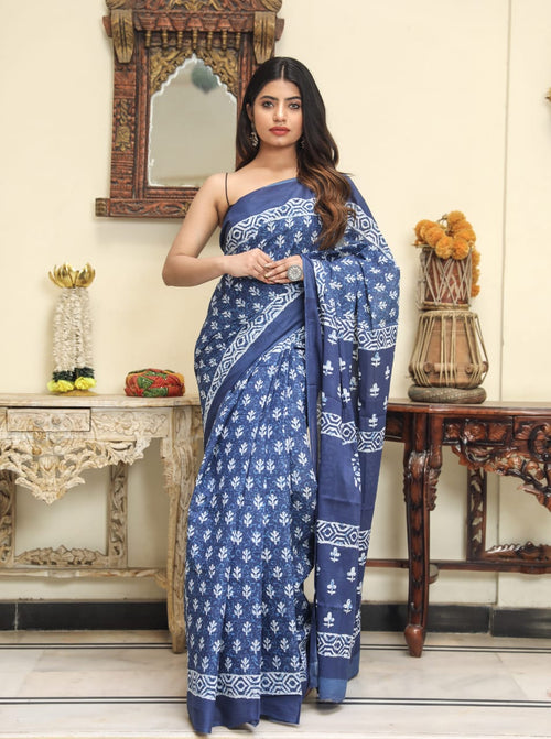 Indigo Blue Color Mulmul Cotton Saree