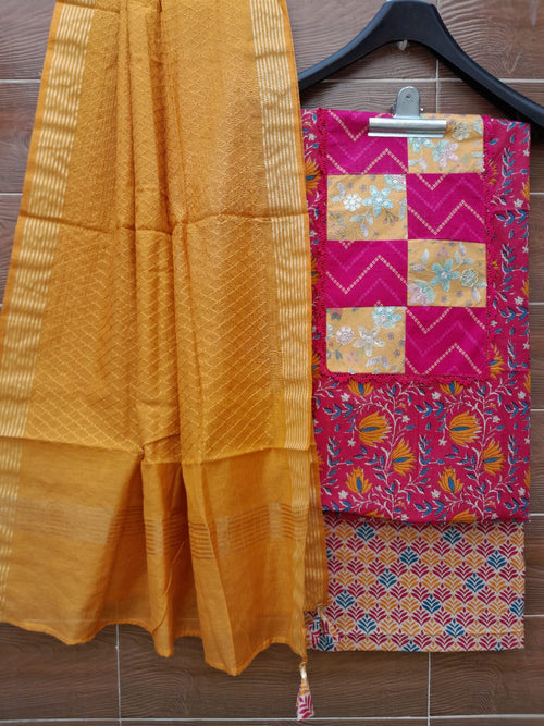 Designer patch work cotton suit with embroidery chanderi dupatta