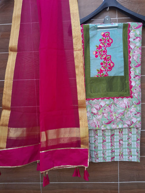 Designer Cotton Pastel Color Patch Work Suit With Rani Organza dupatta