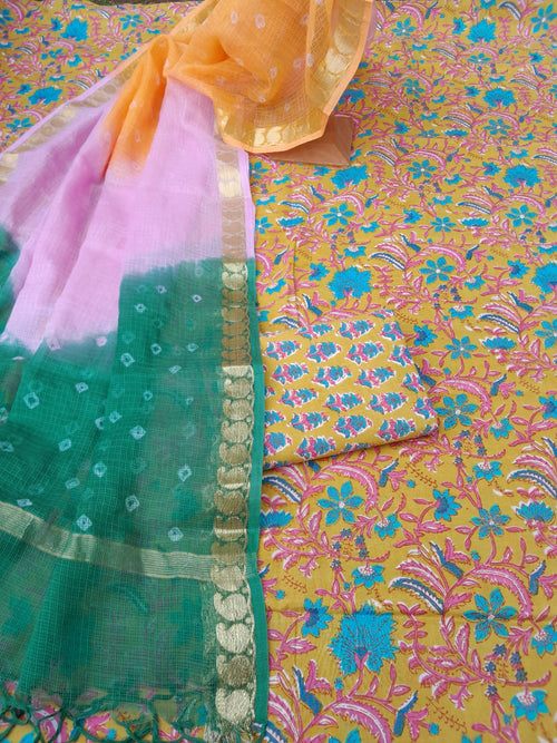 Yellow colour cotton suit with kota doriya dupatta