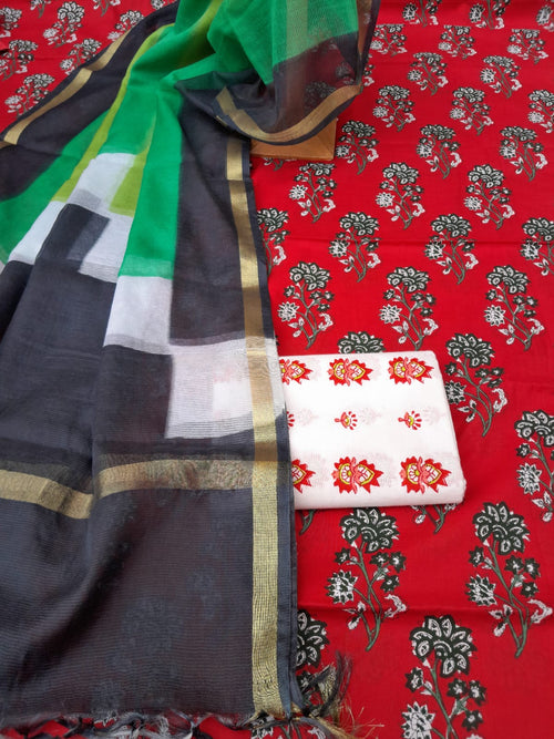 Red color cotton suit with kota doriya dupatta