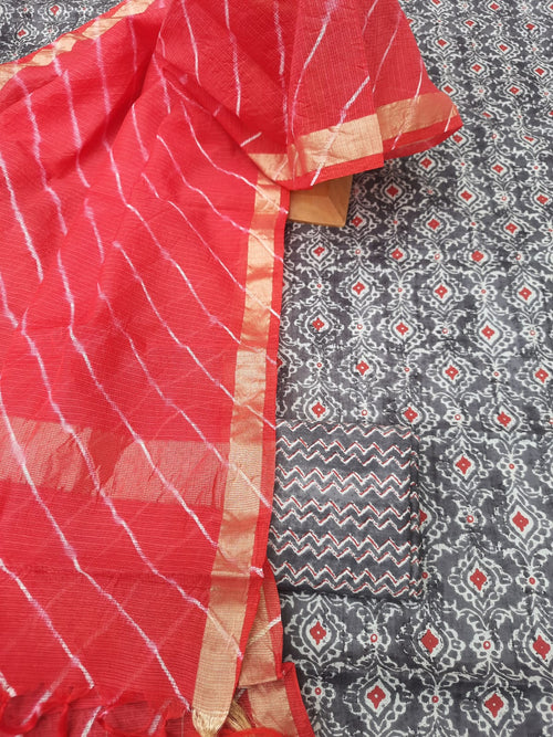 Grey colour cotton suit with kota dupatta