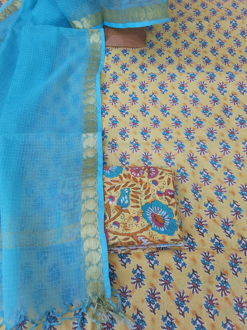 Yellow color cotton suit with kota dupatta