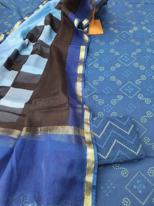 Blue colour cotton suit with kota dupatta