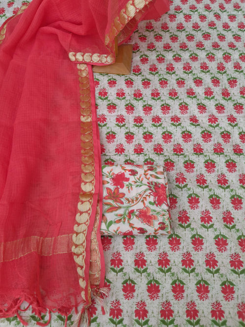 Red color cotton dress material with kota doriya dupatta