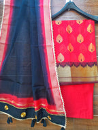 Red Color Banarsi Silk Suit With Black Colour Organza Dupatta