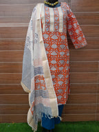 Rust Color Maheshwari Silk Stitched Block Print Suit