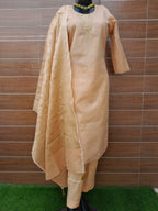 Peach Golden Aari Work Khadi Tissue Silk Suit