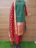 Soft Organza Silk Bottle Green Color stitched Suit