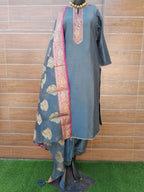 Dark Grey Handloom Silk With Banarsi Silk Dupatta