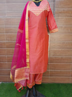 Peach Color Handloom Silk With Organza Silk Dupatta