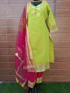 Florence green color Handloom Silk with Organza Dupatta