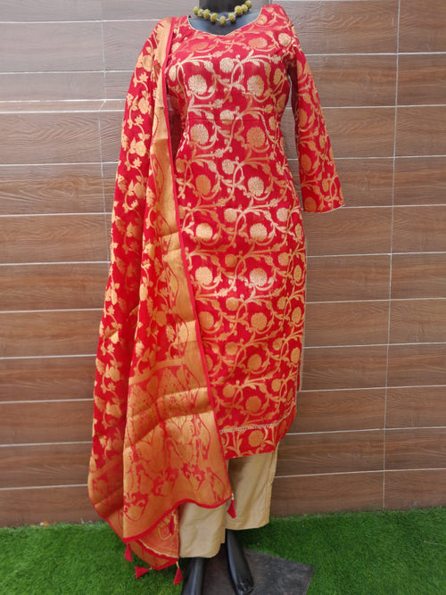 Red Banarsi Silk with Khadi Georgette Dupatta suit