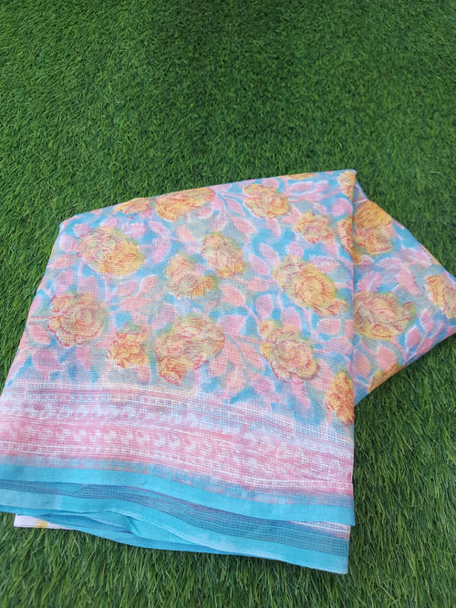 Sea Green Color Kota Doria Hand Block Print With Blouse Saree