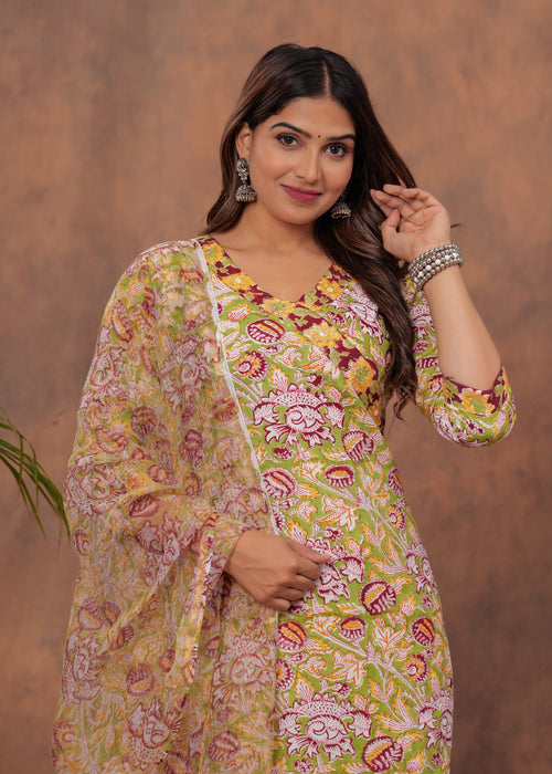 Pastel green Color Cotton Suit With Kota Doria Dupatta