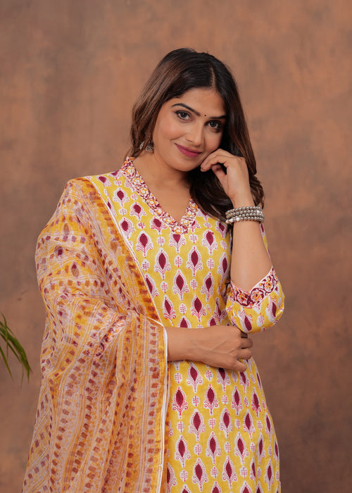 Lemon Color Cotton Suit With Kota Doria Dupatta