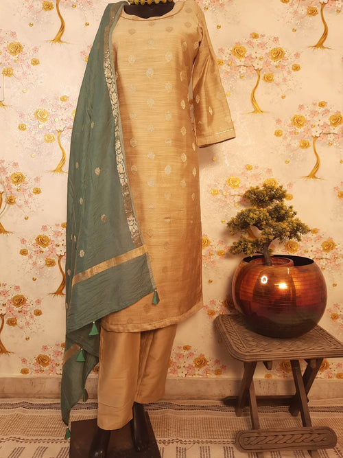 Beige Color Chiniya Silk Zari Weaving suit with Silk Dupatta