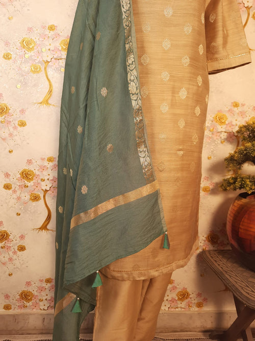 Beige Color Chiniya Silk Zari Weaving suit with Silk Dupatta