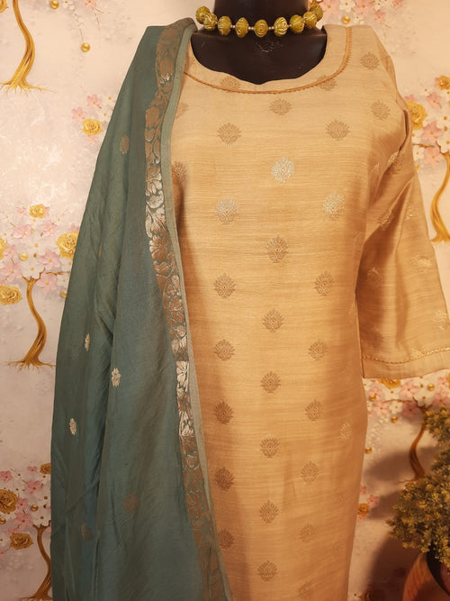 Beige Color Chiniya Silk Zari Weaving suit with Silk Dupatta