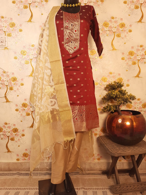 Maroon Color Soft Banarsi Silk Suit With Zari Woven Dupatta