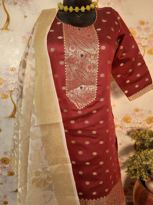 Maroon Color Soft Banarsi Silk Suit With Zari Woven Dupatta