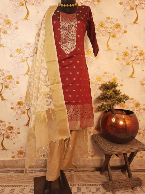 Maroon Color Soft Banarsi Silk Suit With Zari Woven Dupatta