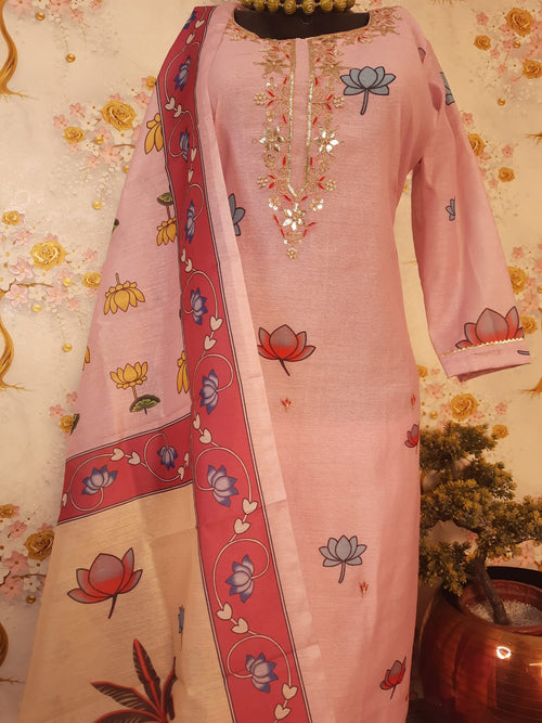 PInk Color Pichwai Print Soft Silk Suit
