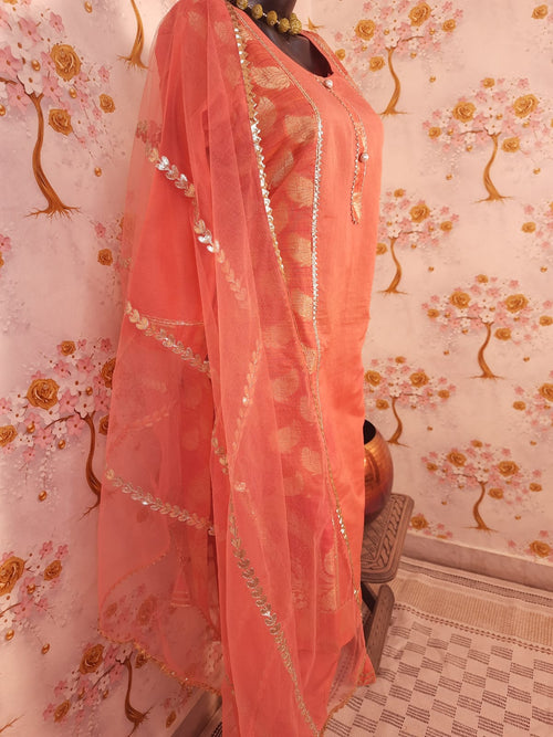 Peach Color Banarsi Silk Suit With gotta work Dupatta