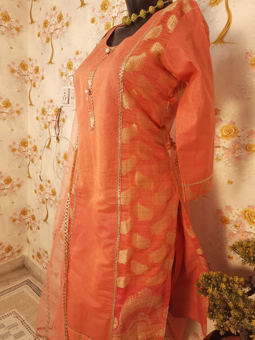 Peach Color Banarsi Silk Suit With gotta work Dupatta