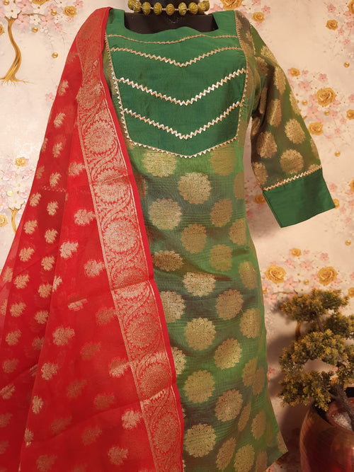 Green Color Banarsi Silk Suit With Red Dupatta
