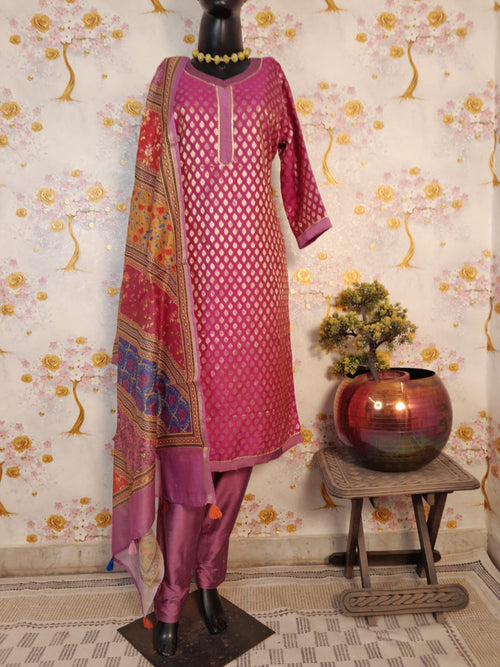 Wine Color Banarsi Silk Suit With multicolor Digital Print Dupatta