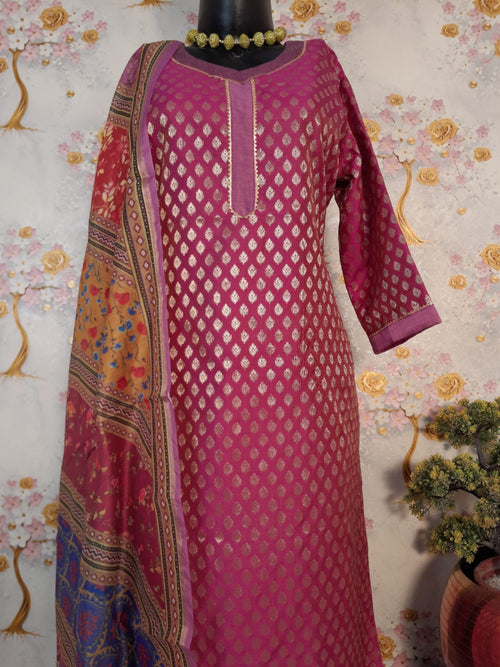 Wine Color Banarsi Silk Suit With multicolor Digital Print Dupatta