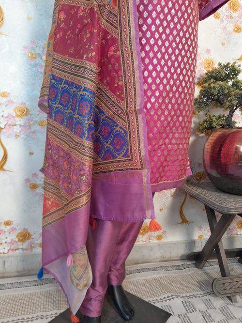Wine Color Banarsi Silk Suit With multicolor Digital Print Dupatta