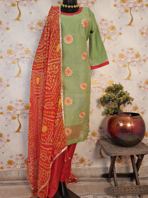 FLORENCE GREEN COLOR EMBRIDERY SUIT WITH BANDHEJ DUPATTA