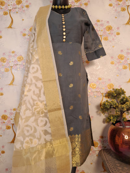 Grey Color Banarsi Silk Suit with Peral white with zari Dupatta