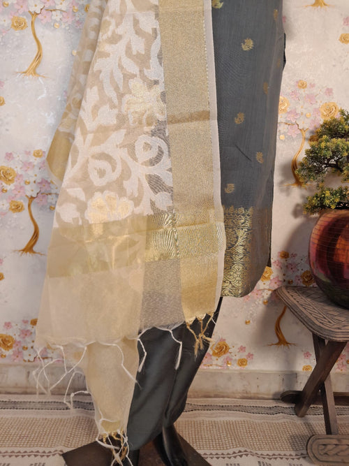Grey Color Banarsi Silk Suit with Peral white with zari Dupatta