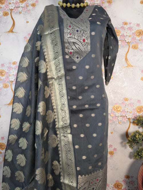 Grey Color Banarsi Silk Suit with Grey Dupatta