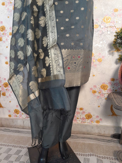 Grey Color Banarsi Silk Suit with Grey Dupatta