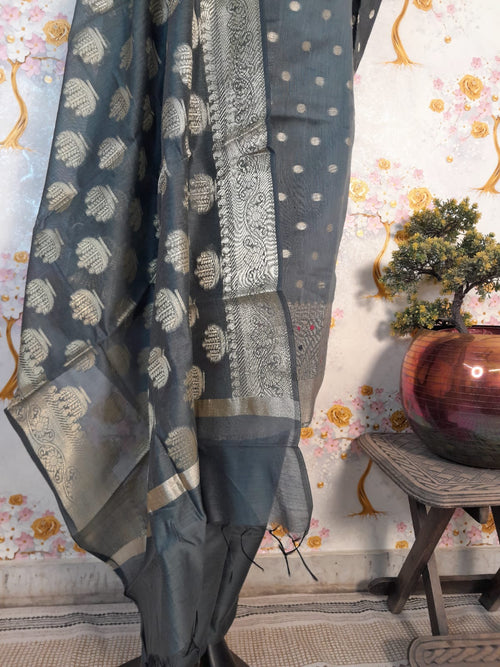 Grey Color Banarsi Silk Suit with Grey Dupatta