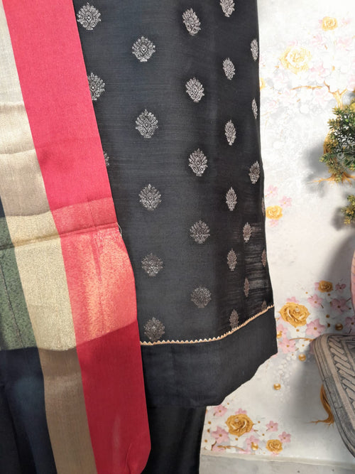 Black Color Chiniya Silk Zari Weaving Suit With Silk Dupatta