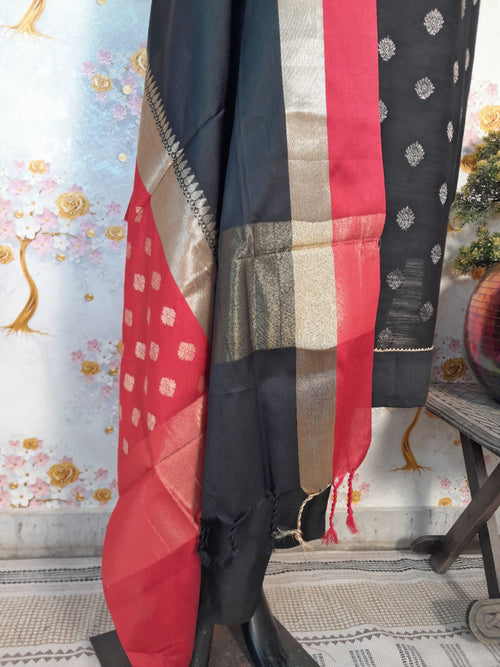 Black Color Chiniya Silk Zari Weaving Suit With Silk Dupatta