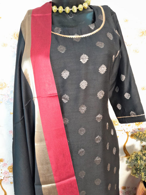 Black Color Chiniya Silk Zari Weaving Suit With Silk Dupatta